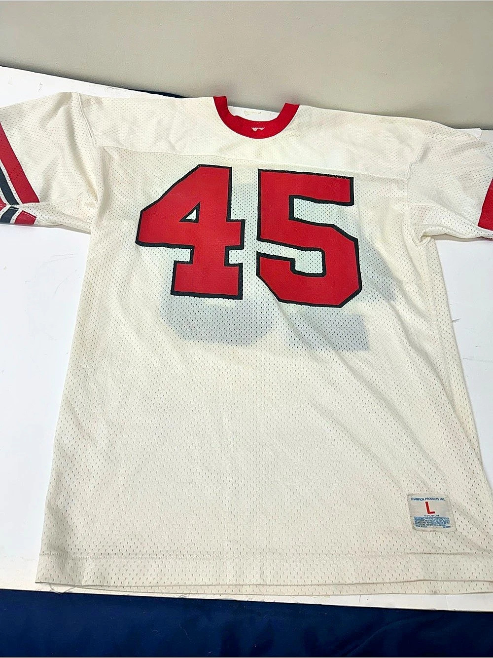 Vintage 1970s Champion Men's Football Jersey 45 White Size Large pristine!!